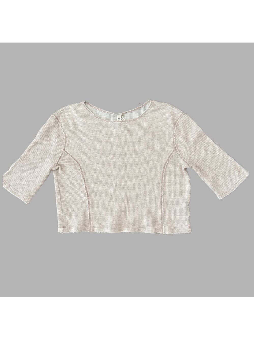 M+M Waffle Knit Crop Top 3/4 Bell Sleeve Exposed Seam Neutral Size Medium